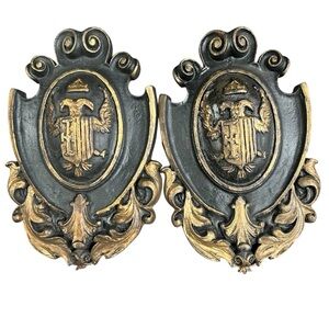 Pair Heraldic Wall Plaques Crown Shield  Resin Composite Gothic Style Vintage